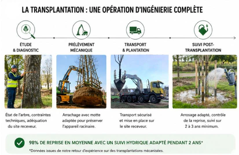 La transplantation d'un arbre adulte étape par étape : étude et diagnostic, prélèvement mécanique, transport et plantation, suivi post-transplantation — 98 % de reprise en moyenne avec un suivi hydrique adapté pendant 2 ans